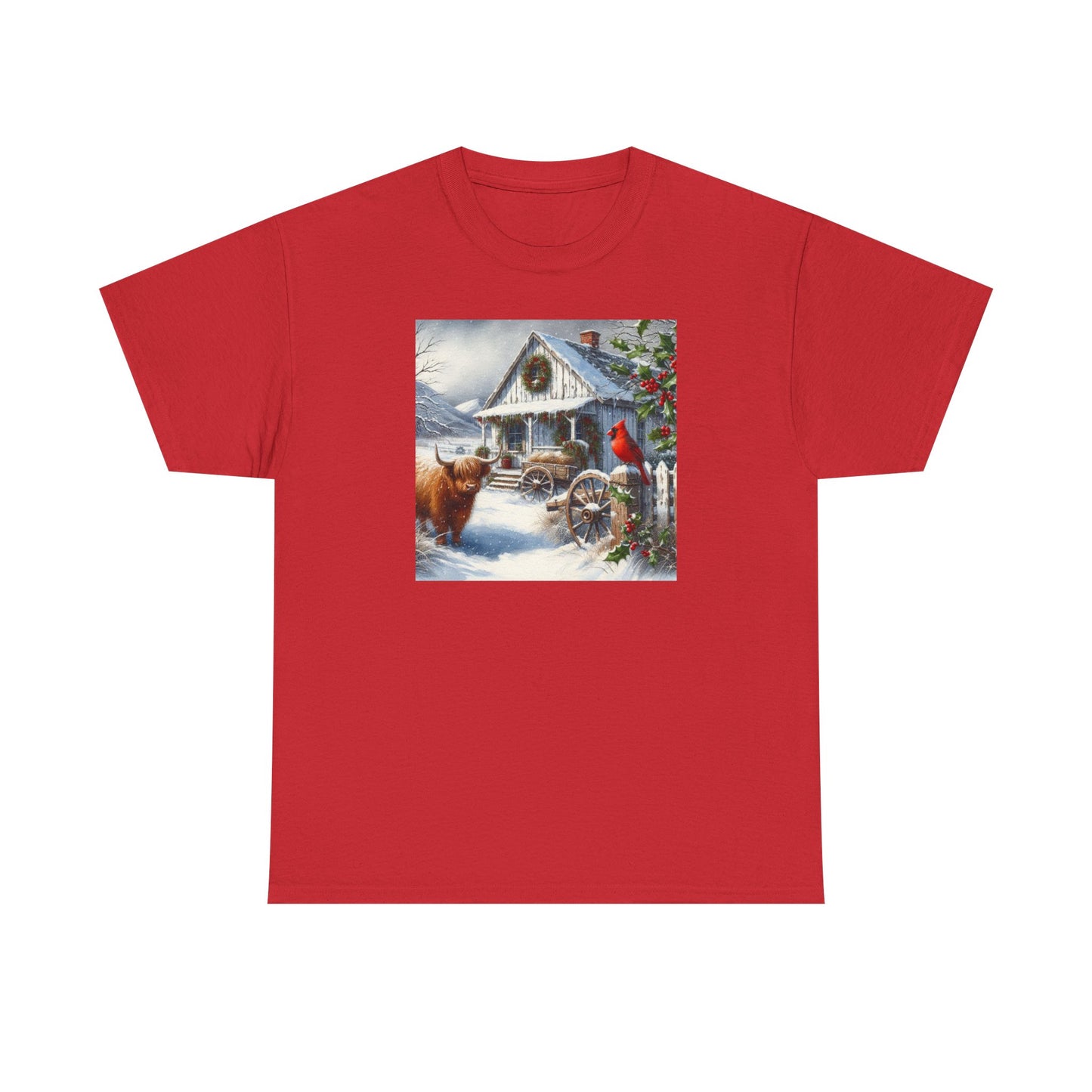Highland Cow and Farmhouse in Winter Unisex Heavy Cotton Tee