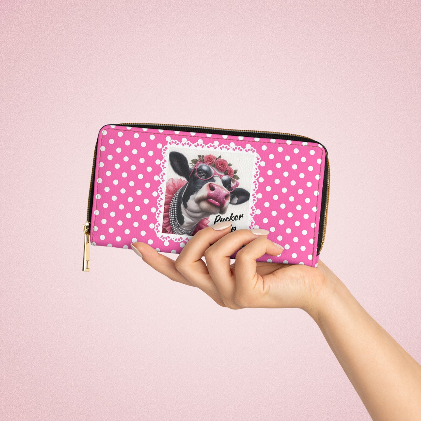Zipper Wallet - Pucker Up Buttercup! Dressed up Cow Design