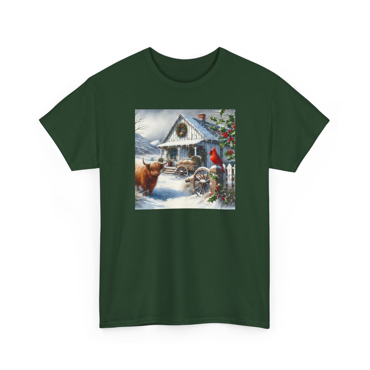 Highland Cow and Farmhouse in Winter Unisex Heavy Cotton Tee