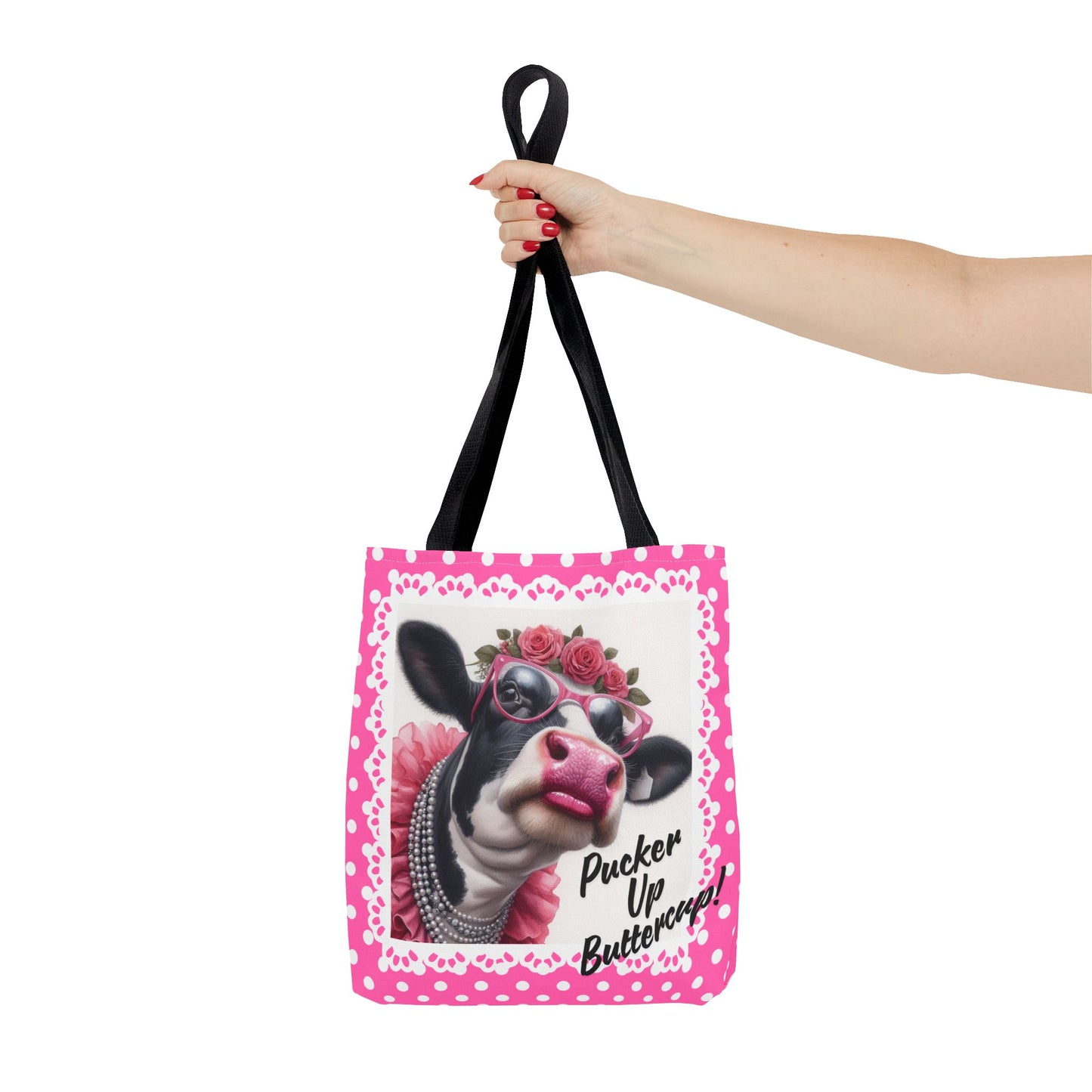 Tote Bag with Pucker Up Buttercup! Dressed up Holstein cow design.