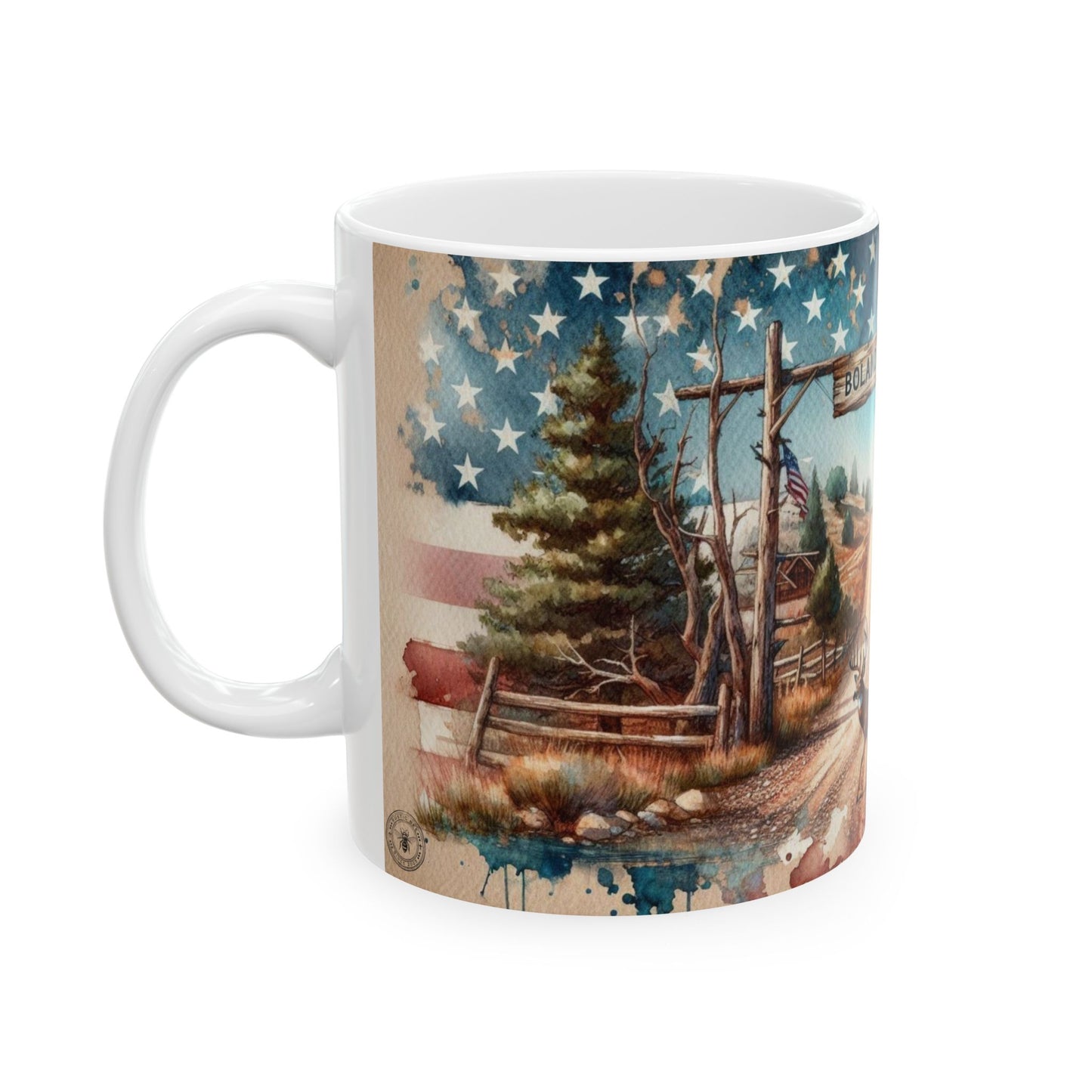 Boland Mtn Ranch Deer and American Flag Ceramic Mug, (11oz, 15oz)