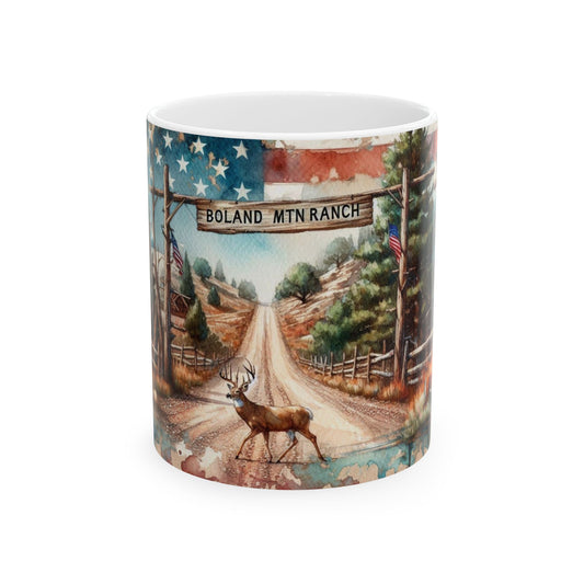 Boland Mtn Ranch Deer and American Flag Ceramic Mug, (11oz, 15oz)