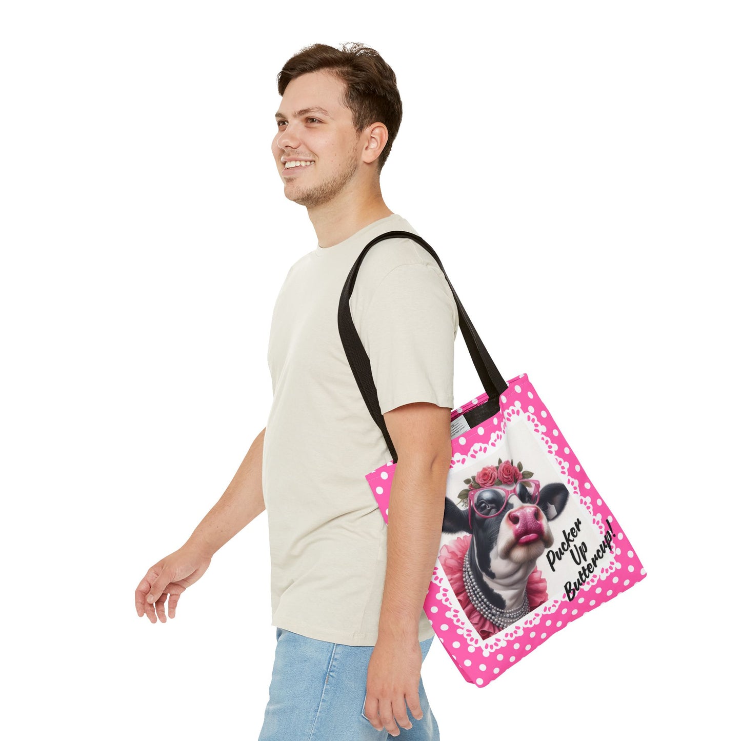 Tote Bag with Pucker Up Buttercup! Dressed up Holstein cow design.