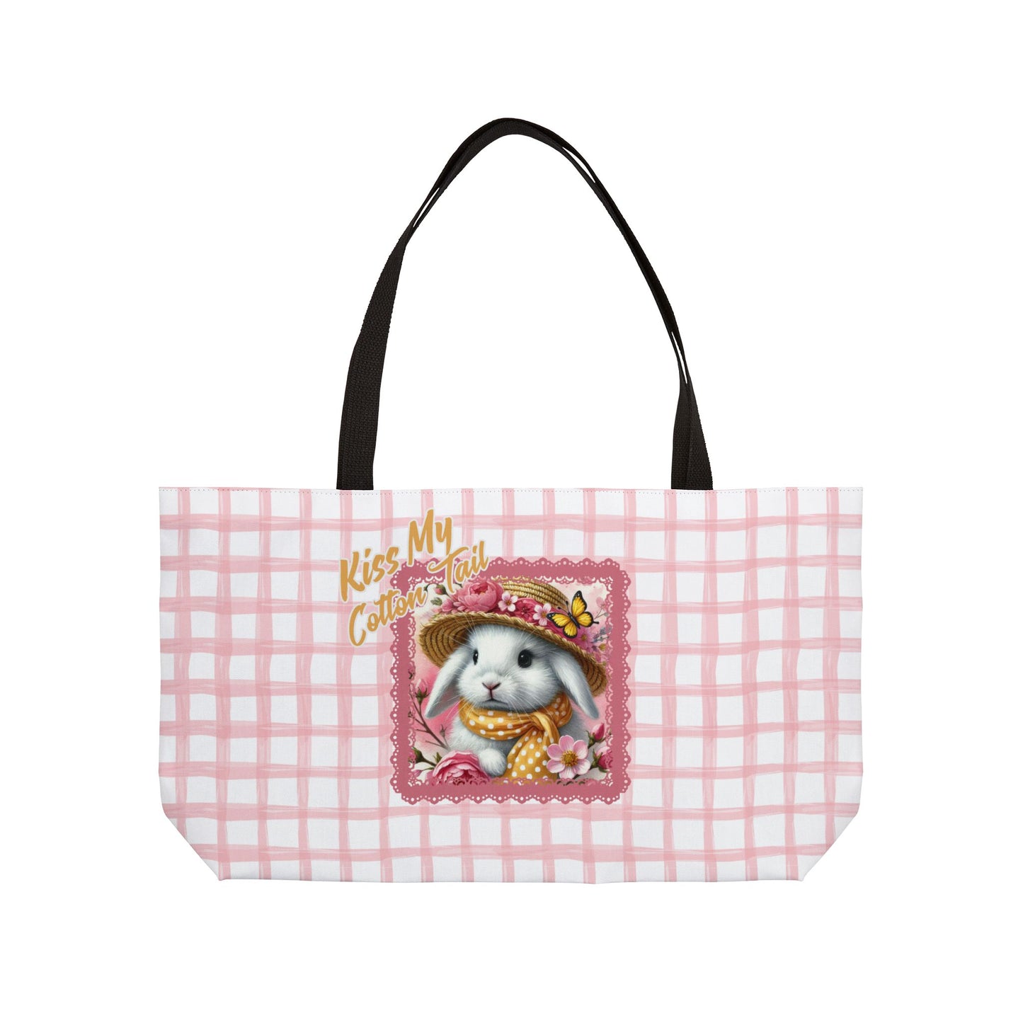 Weekender Tote Bag - Kiss My Cotton Tail! Bunny Pink Grid Design