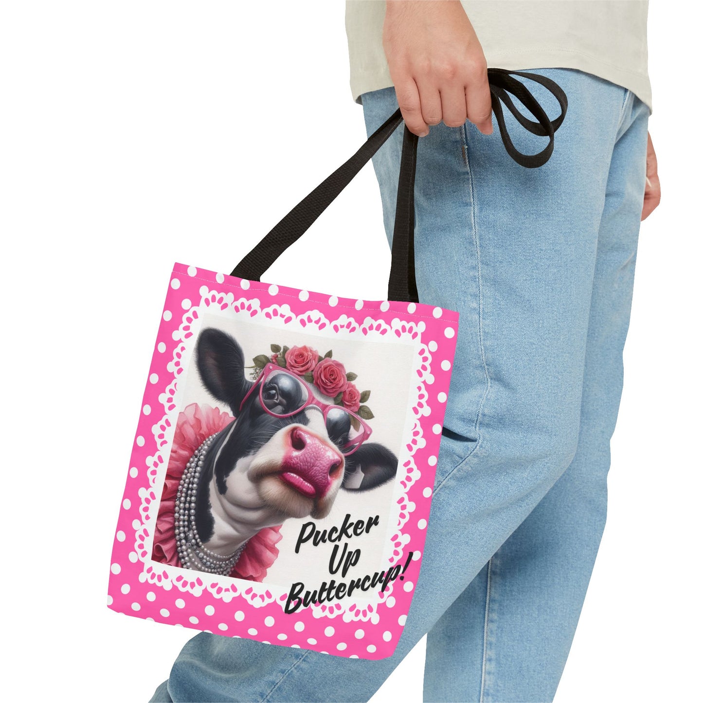 Tote Bag with Pucker Up Buttercup! Dressed up Holstein cow design.