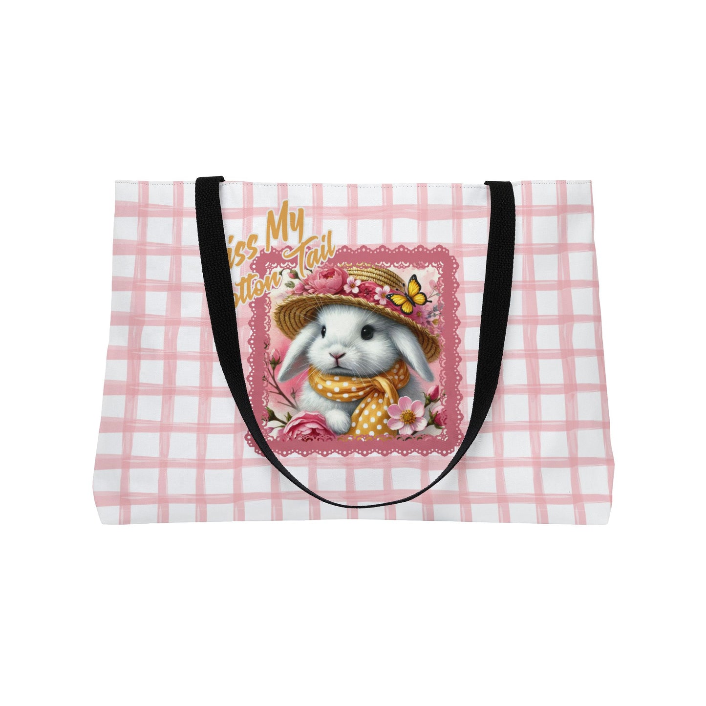 Weekender Tote Bag - Kiss My Cotton Tail! Bunny Pink Grid Design