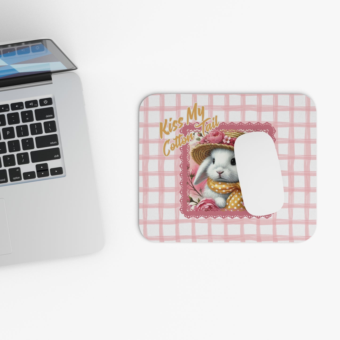Mouse Pad - Kiss My Cotton Tail! Bunny Pink Grid Design