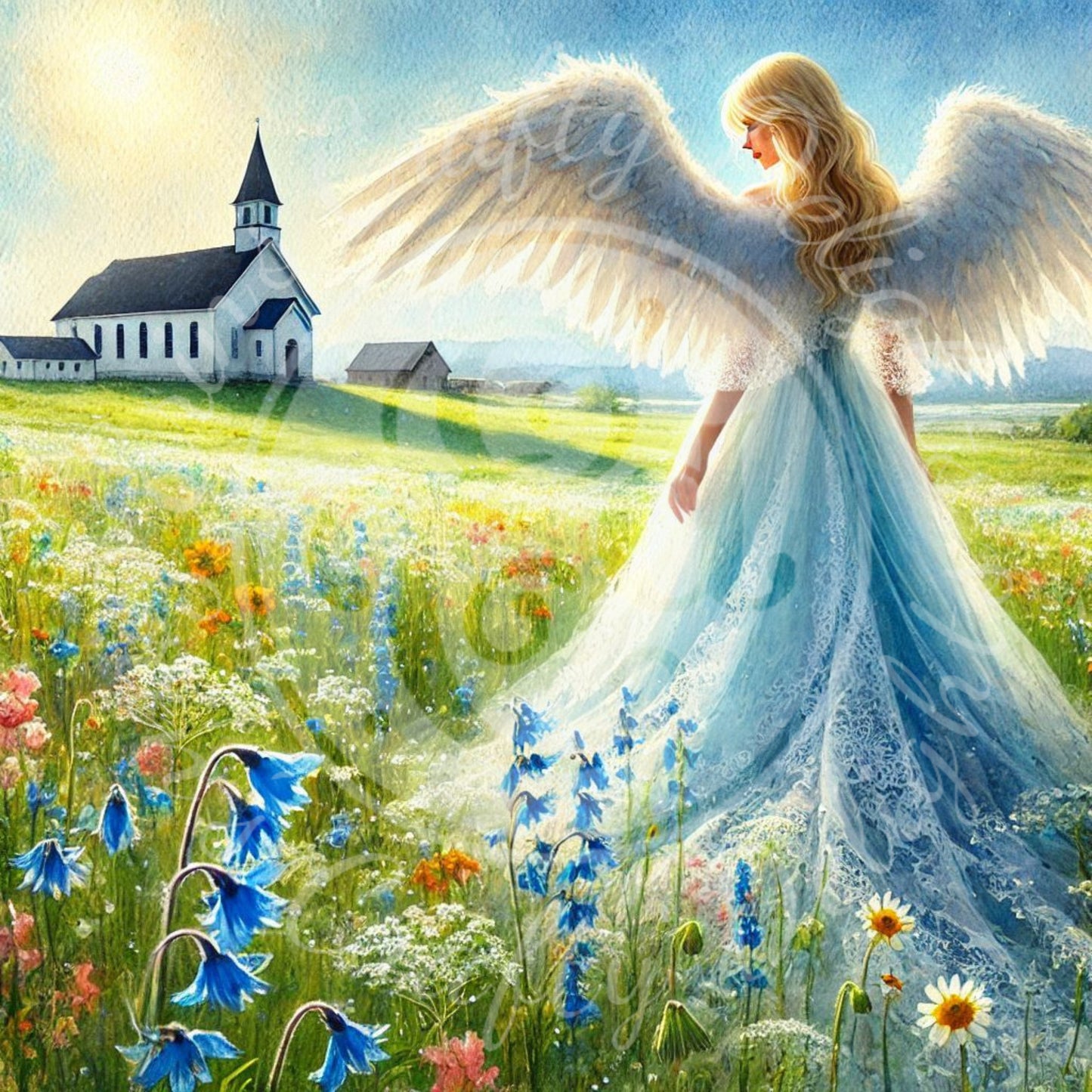5 Sq Spring Angel & Church 8x8 Printable