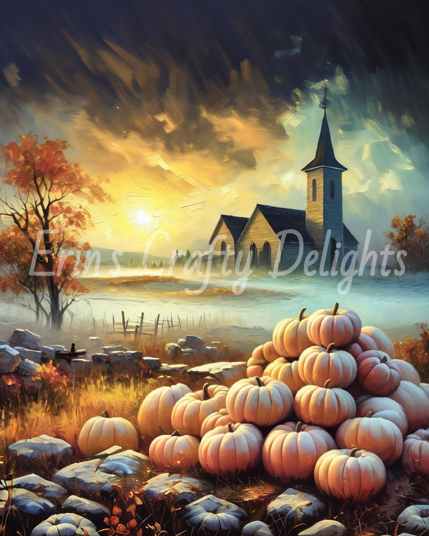 Foggy Fall Morning Church Set 5
