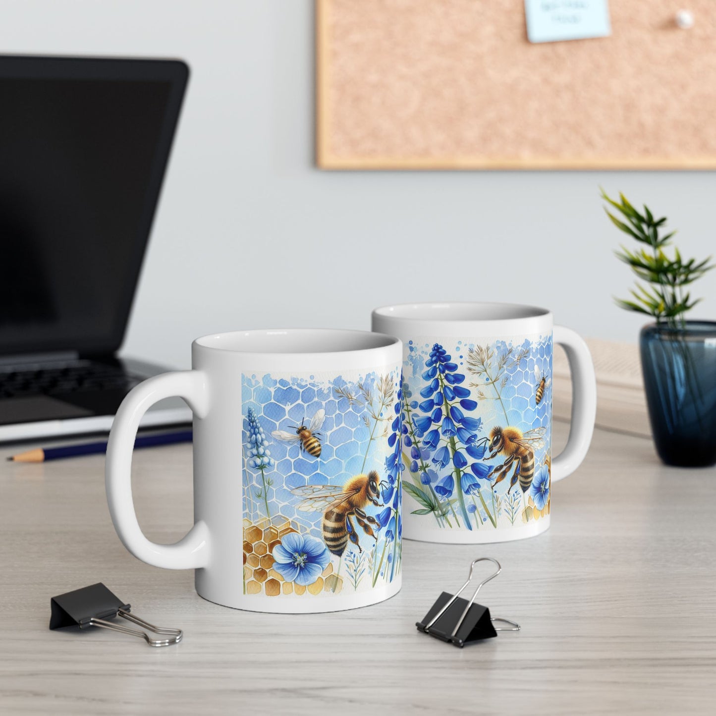 HoneyBee on Blue Ceramic Mug, (11oz, 15oz)