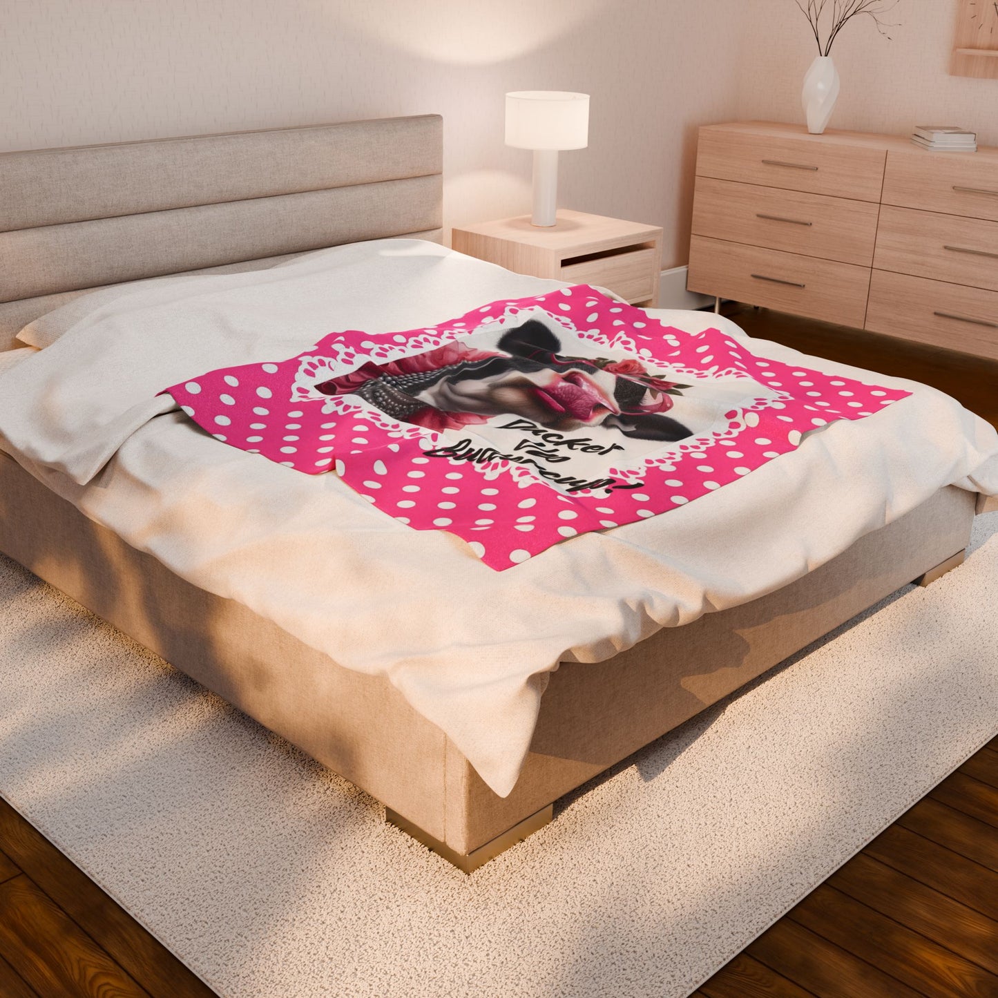 Velveteen Plush Blanket - Pucker Up Buttercup! Dressed Up Holstein Cow Design