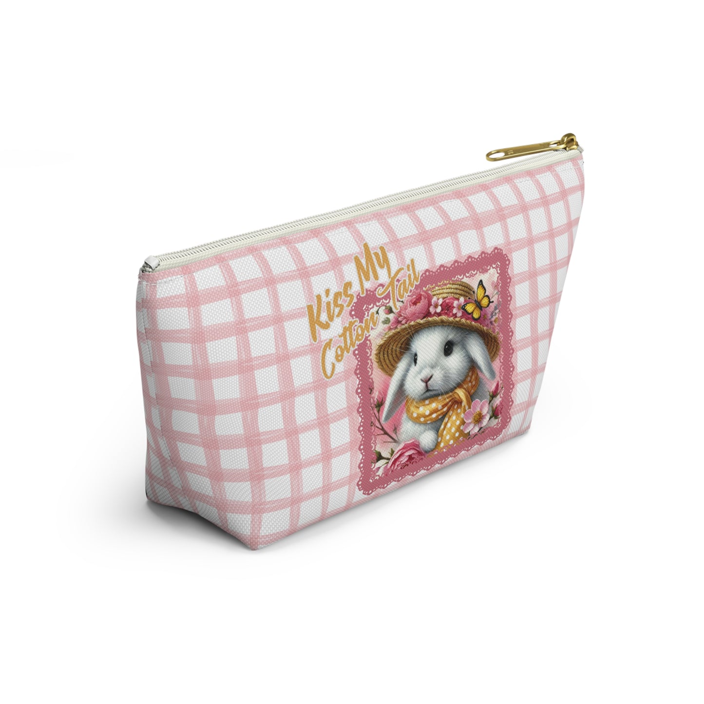 Accessory Pouch w T-bottom - Kiss My Cotton Tail! Bunny Pink Grid Pouch Design