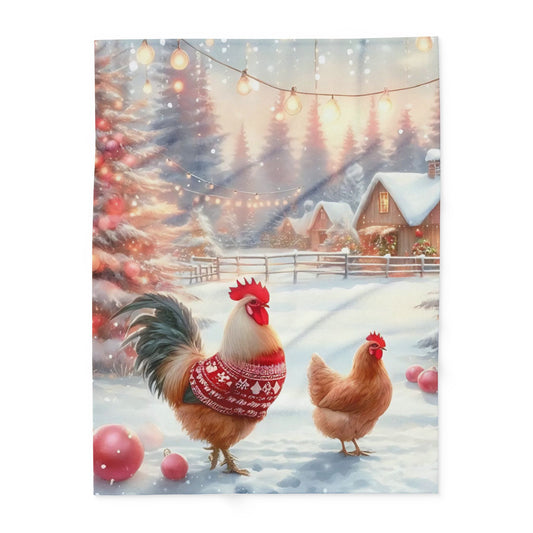 Fleece Blanket - Christmas Chickens in Sweaters on Christmas Decorated Farm