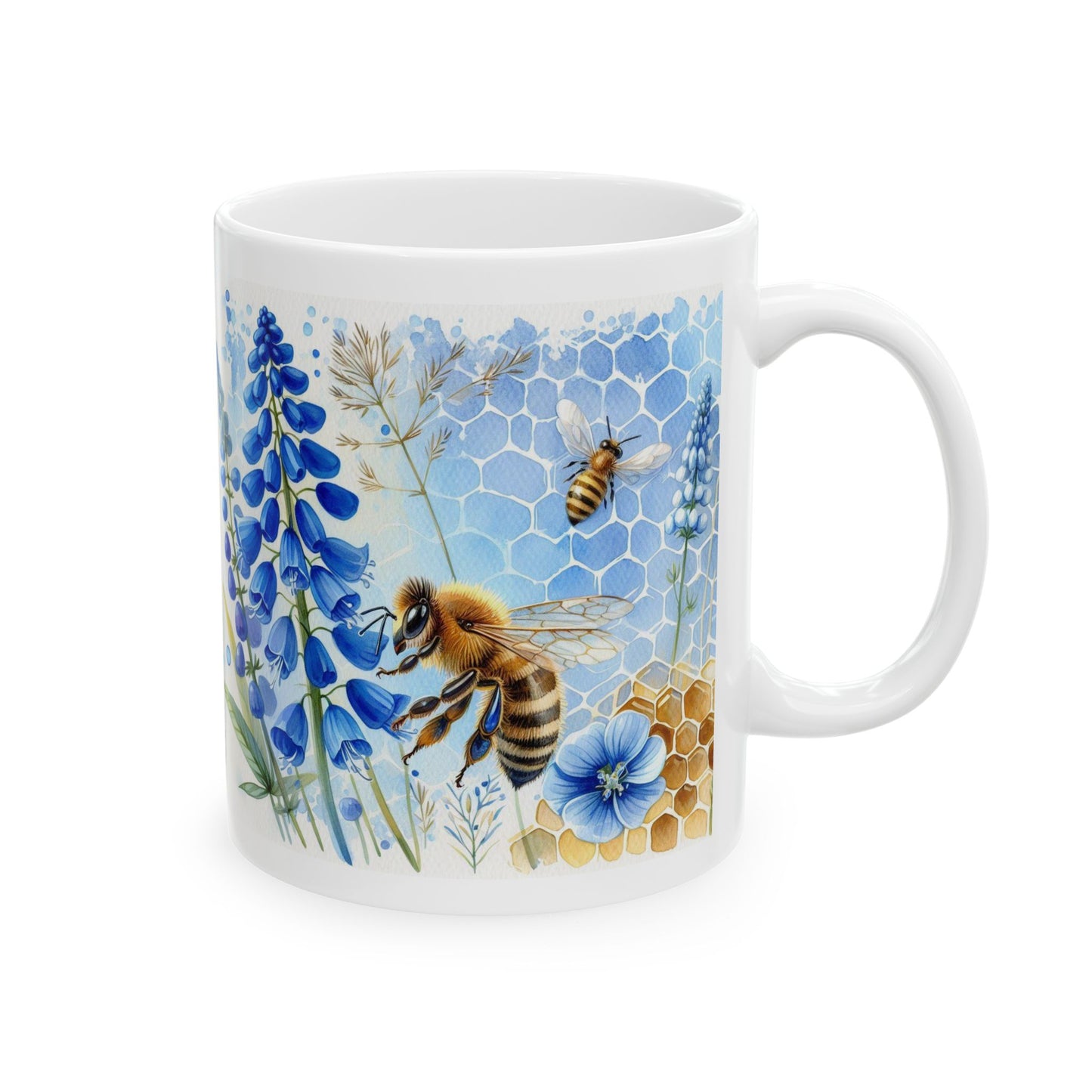 HoneyBee on Blue Ceramic Mug, (11oz, 15oz)