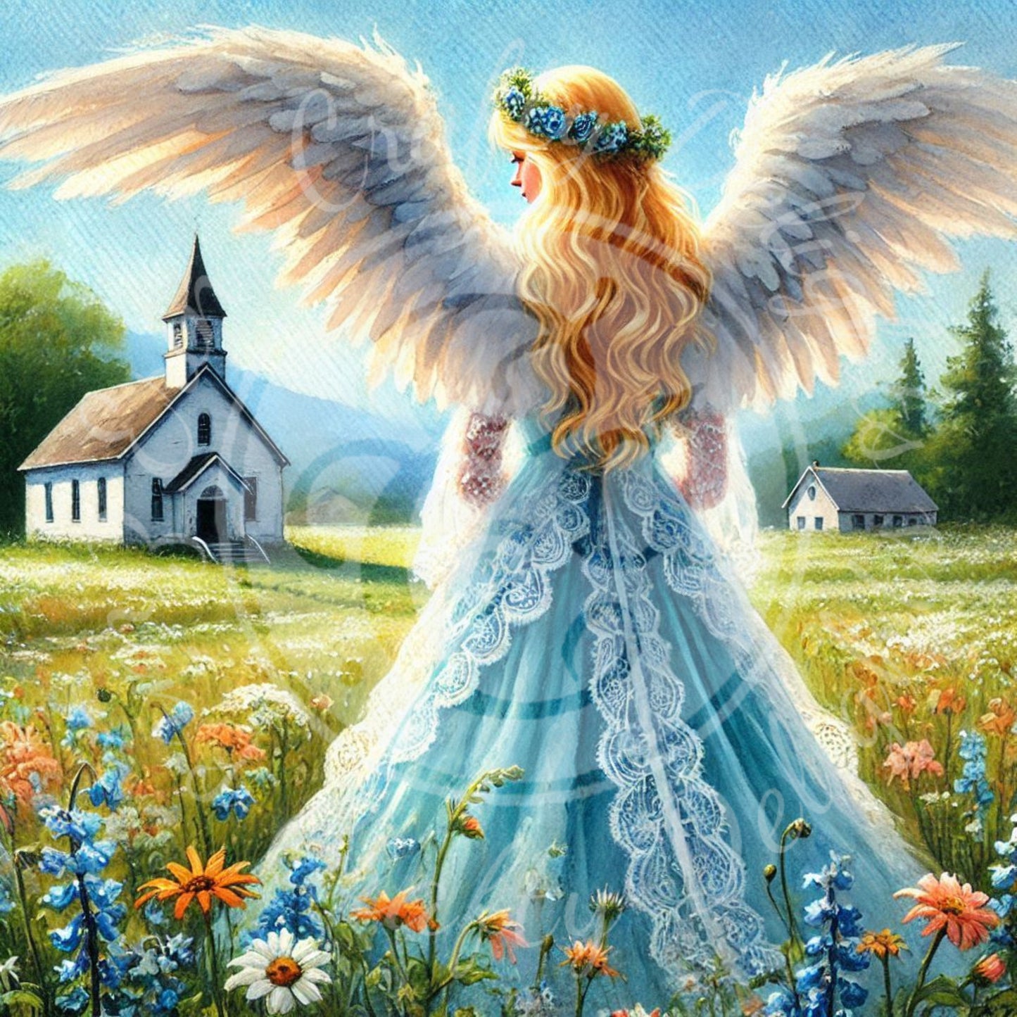 6 Sq Spring Angel & Church 8x8 Printable