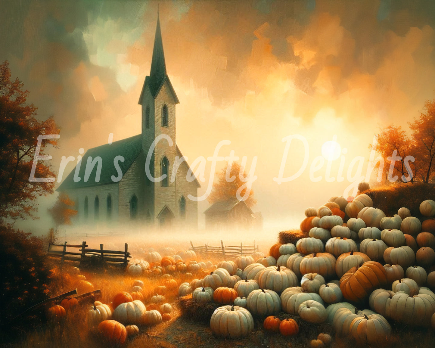 Foggy Fall Morning Church Set 6