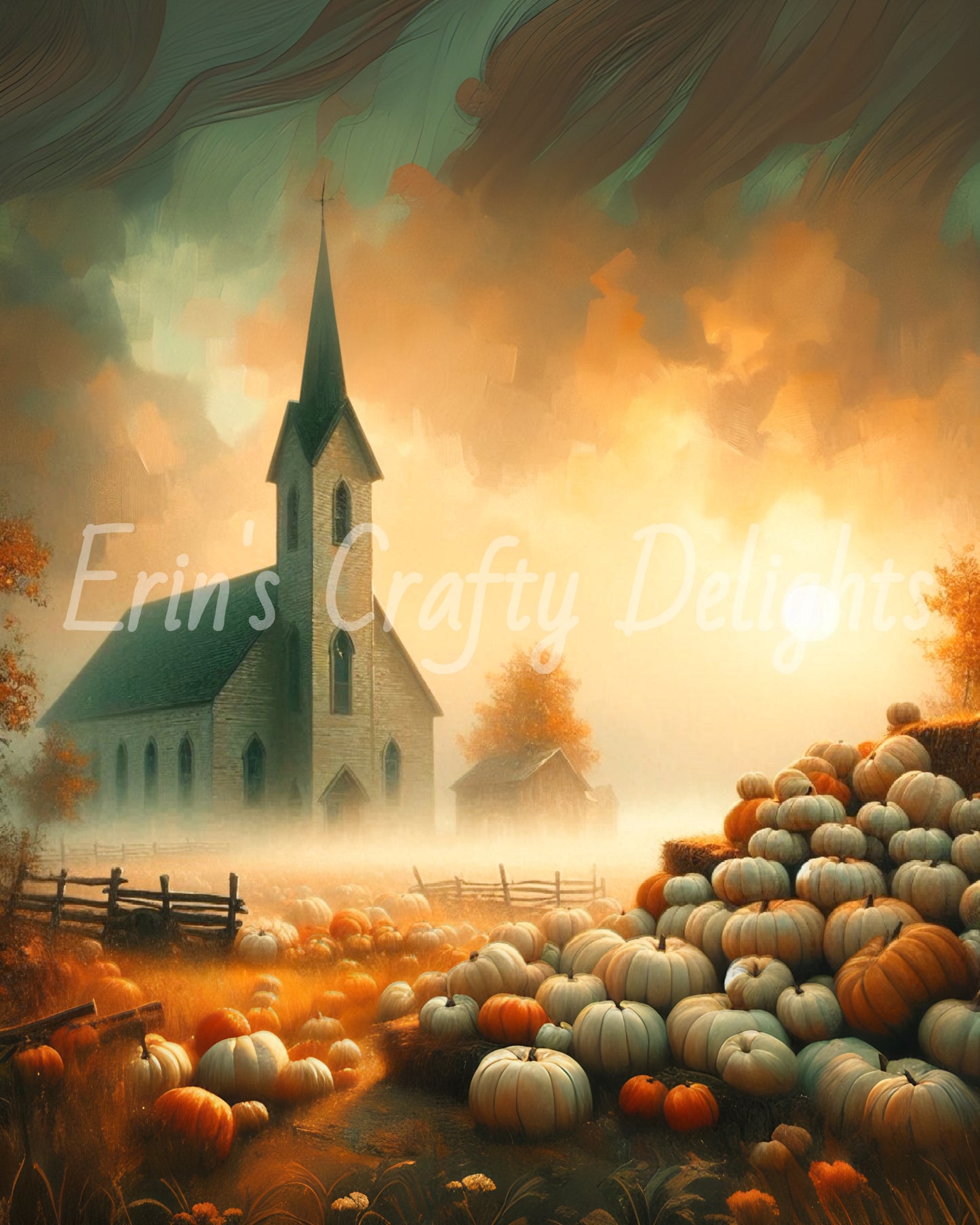Foggy Fall Morning Church Set 6