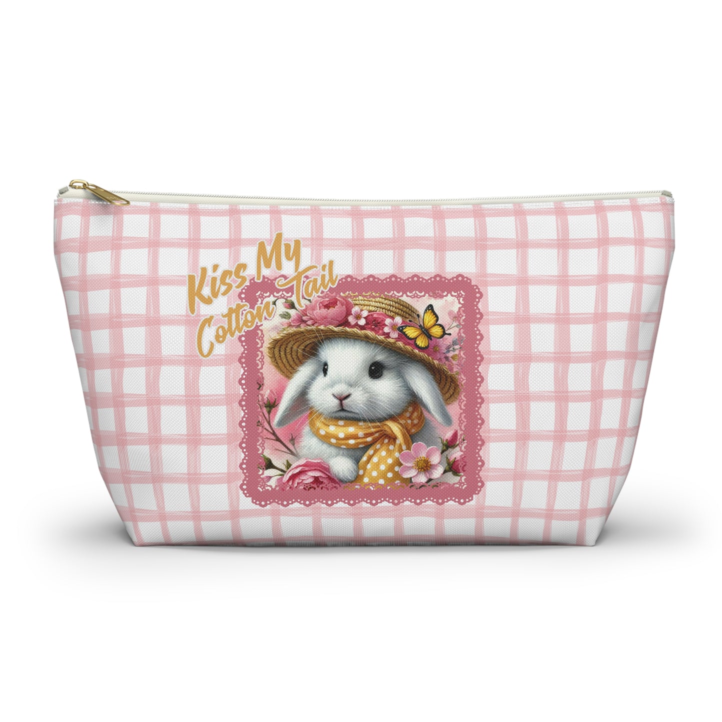 Accessory Pouch w T-bottom - Kiss My Cotton Tail! Bunny Pink Grid Pouch Design