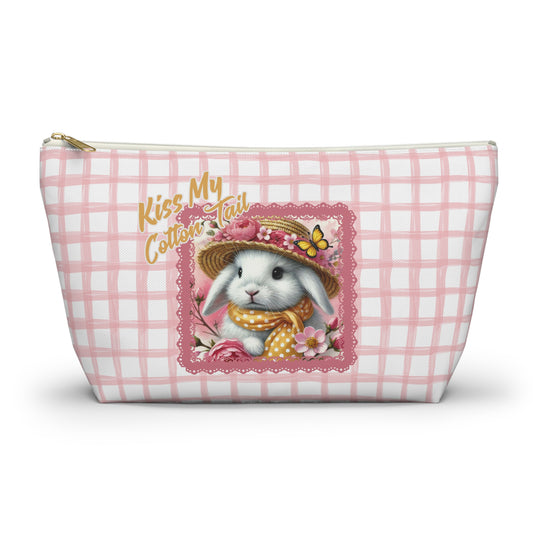 Accessory Pouch w T-bottom - Kiss My Cotton Tail! Bunny Pink Grid Pouch Design