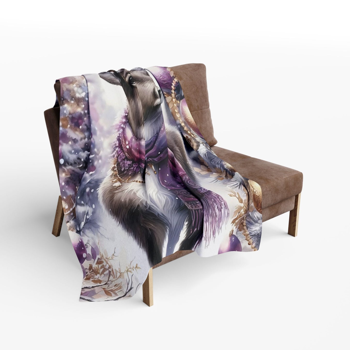 Fleece Blanket - Purple Reindeer in Winter Wonderland with Gold Accents