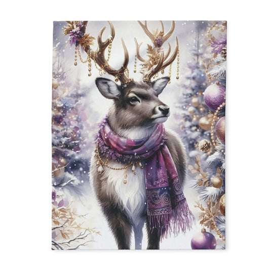 Fleece Blanket - Purple Reindeer in Winter Wonderland with Gold Accents