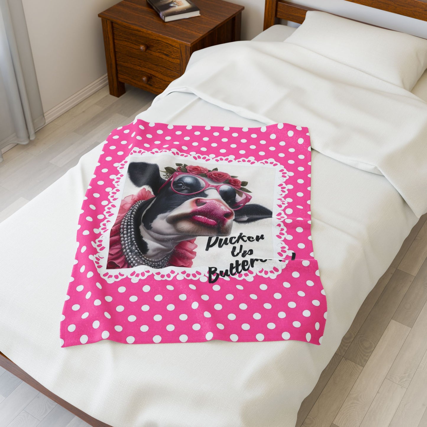 Velveteen Plush Blanket - Pucker Up Buttercup! Dressed Up Holstein Cow Design