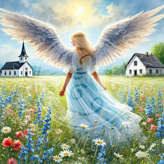7 Sq Spring Angel & Church 8x8 Printable