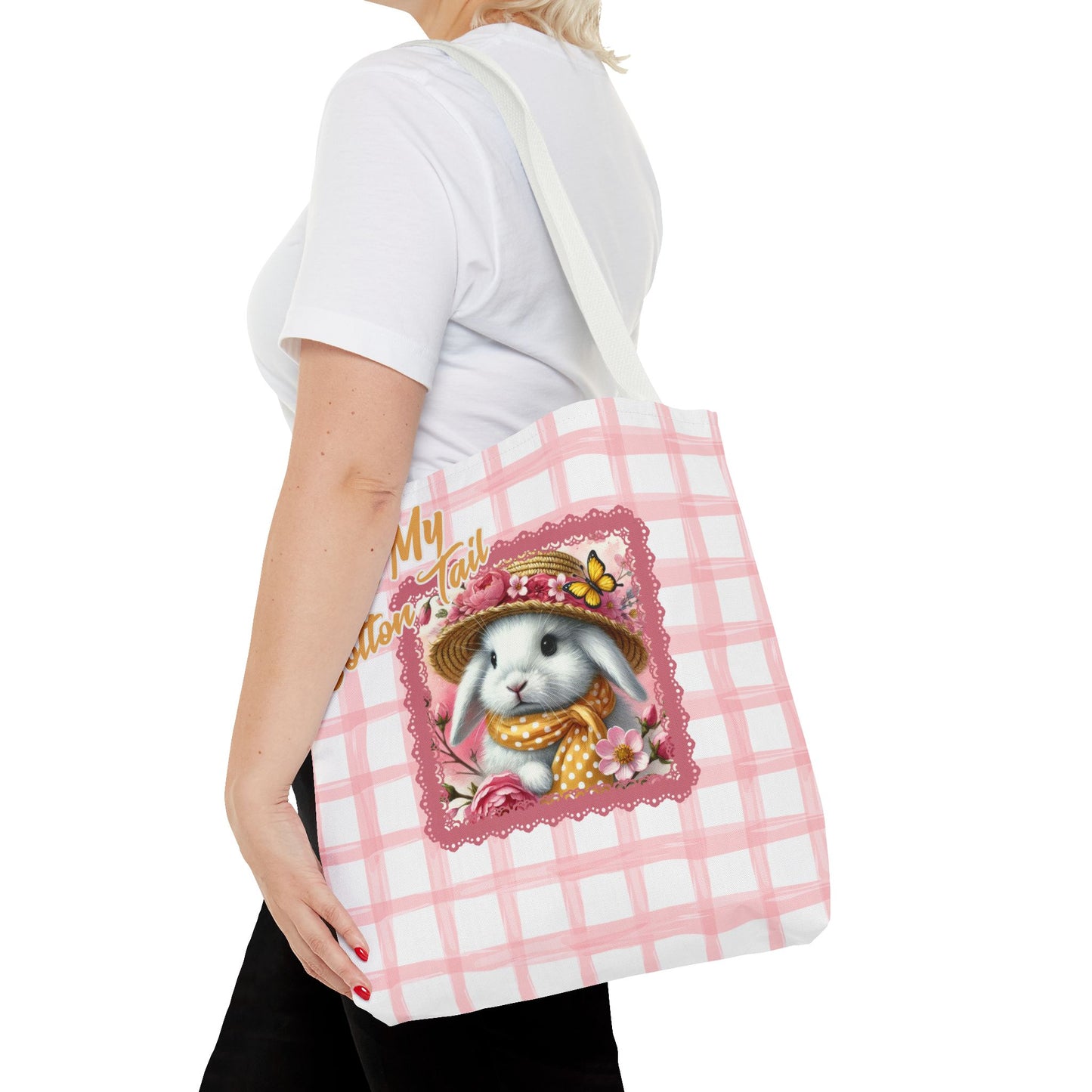 Tote Bag - Kiss My Cotton Tail! Bunny Pink Grid Design