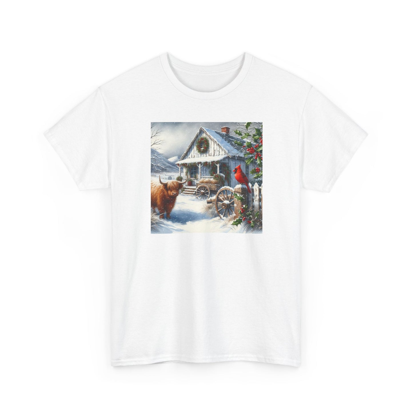 Highland Cow and Farmhouse in Winter Unisex Heavy Cotton Tee