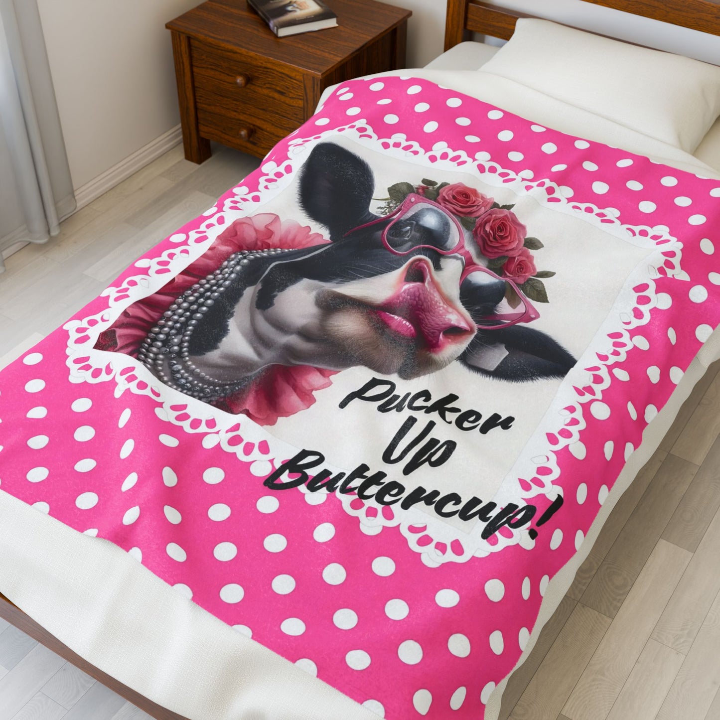 Velveteen Plush Blanket - Pucker Up Buttercup! Dressed Up Holstein Cow Design