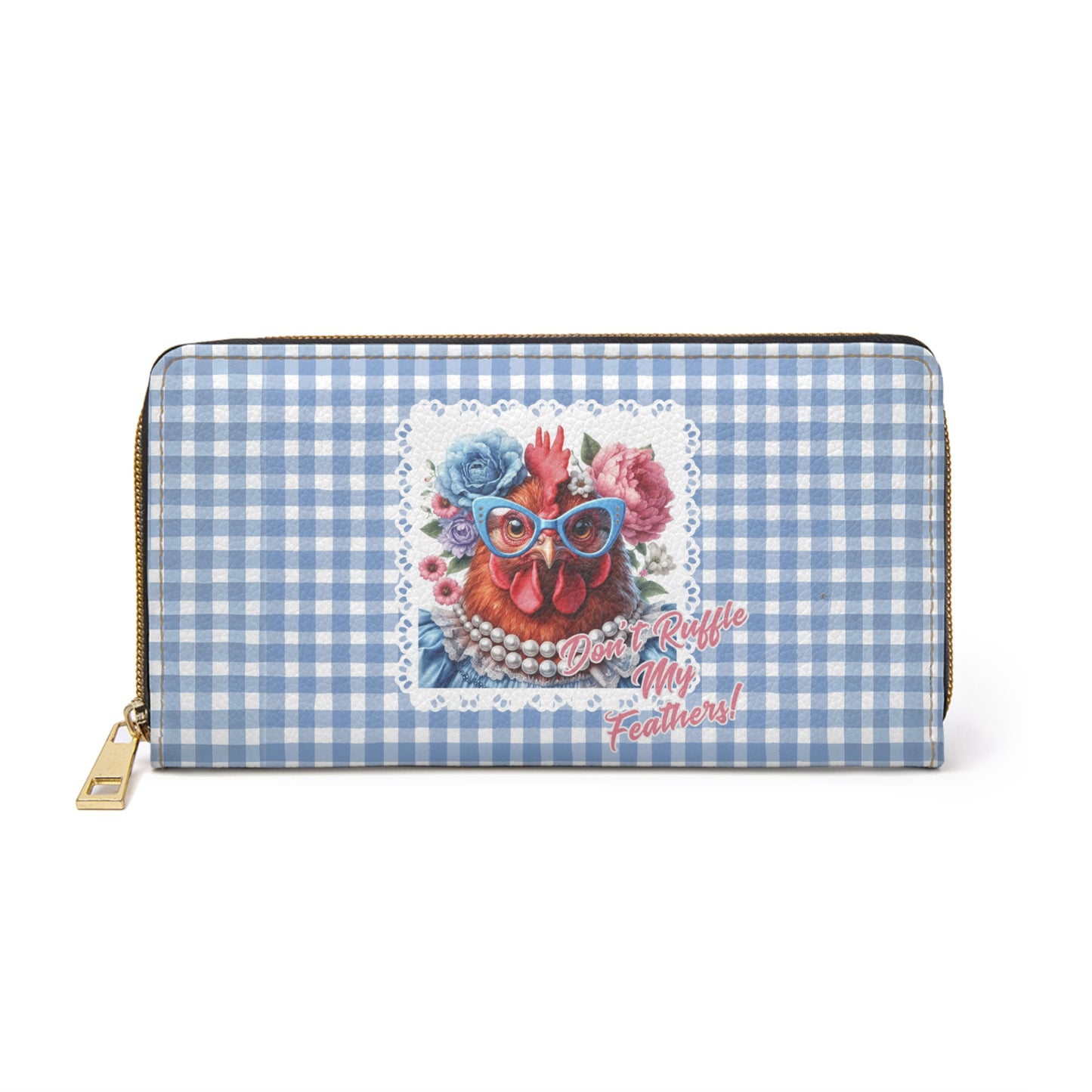 Zipper Wallet, Don't Ruffle My Feathers Dressed Up Red Hen Gingham Check Design