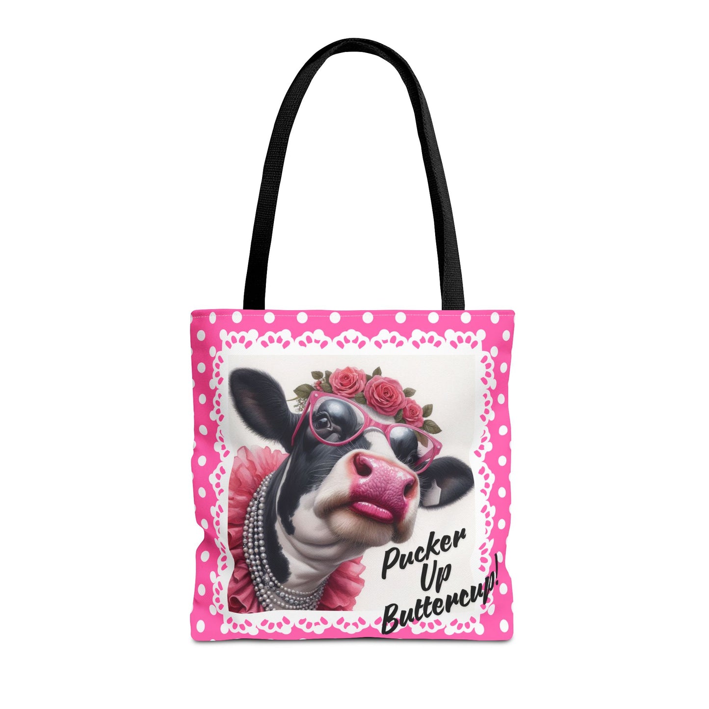 Tote Bag with Pucker Up Buttercup! Dressed up Holstein cow design.