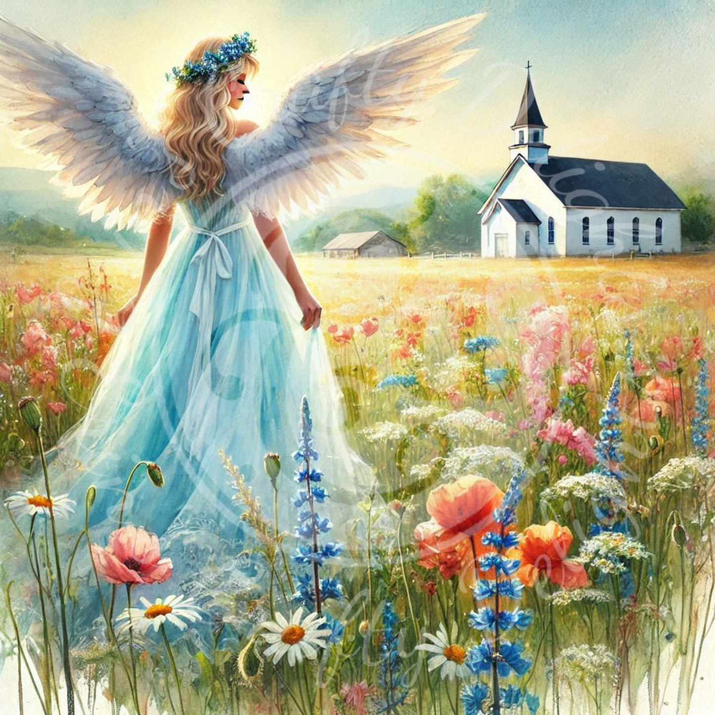 8 Sq Spring Angel & Church 8x8 Printable