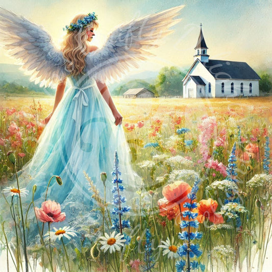 8 Sq Spring Angel & Church 8x8 Printable