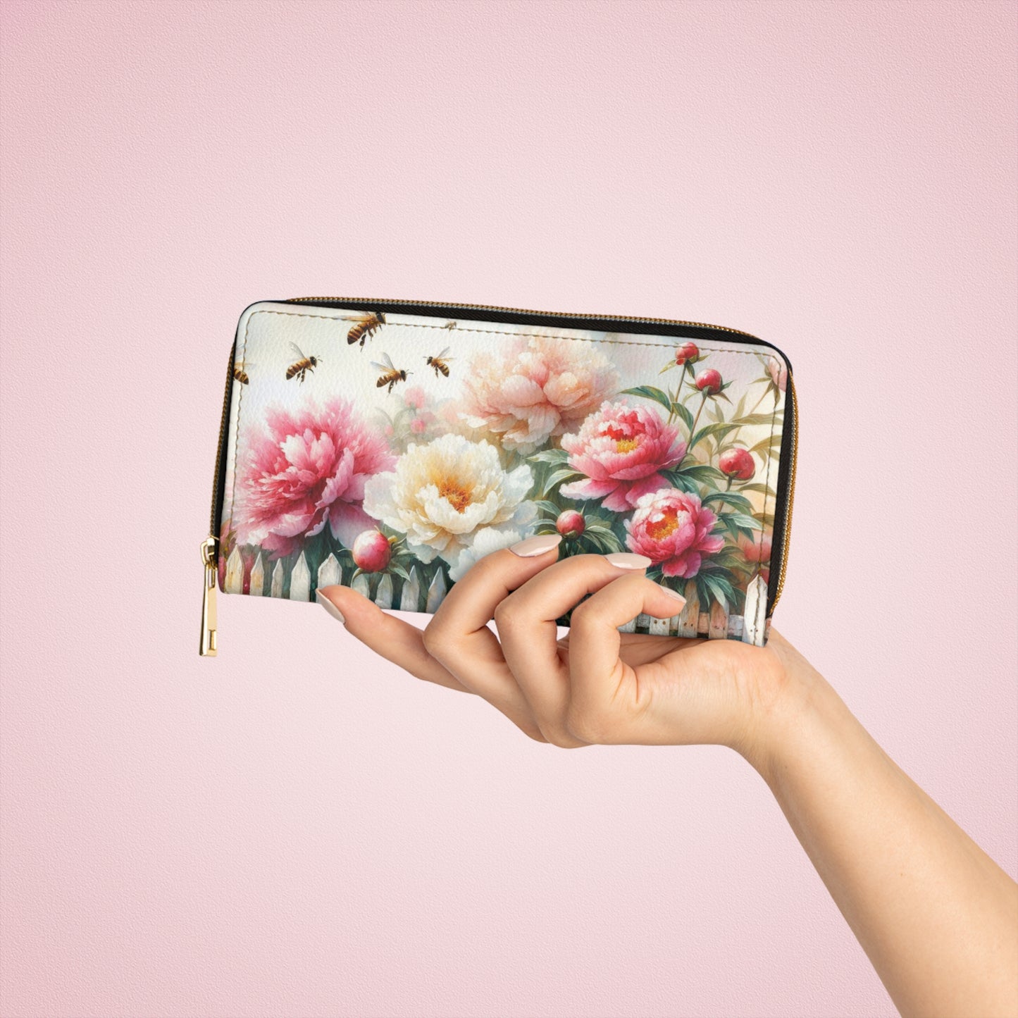 Zipper Wallet with Bees and Peonies Design