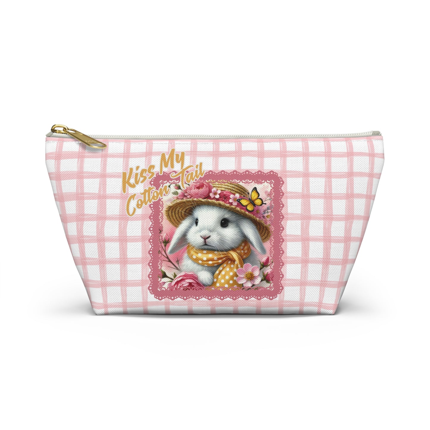 Accessory Pouch w T-bottom - Kiss My Cotton Tail! Bunny Pink Grid Pouch Design
