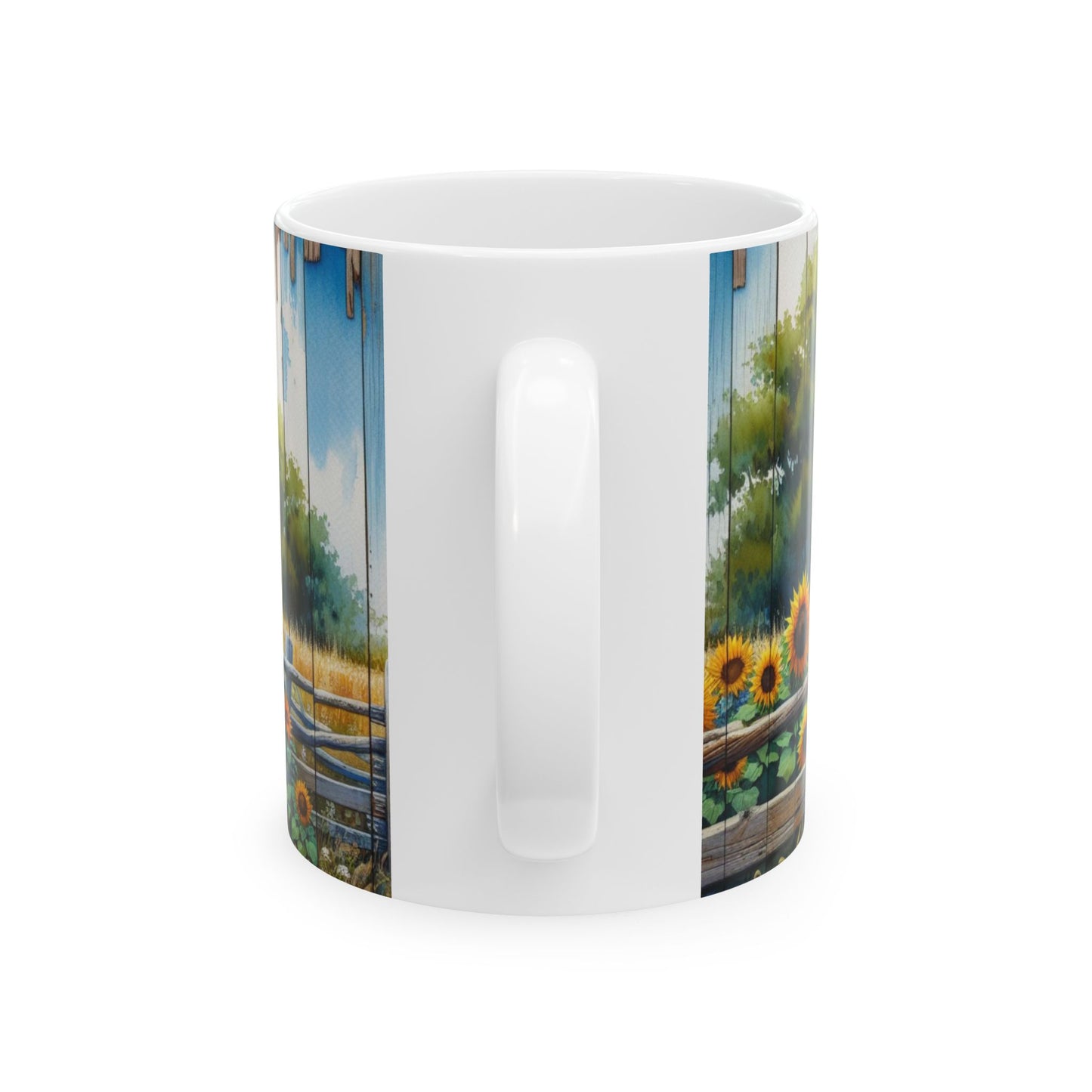 Wood Slat Church & Sunflowers Ceramic Mug, (11oz, 15oz)