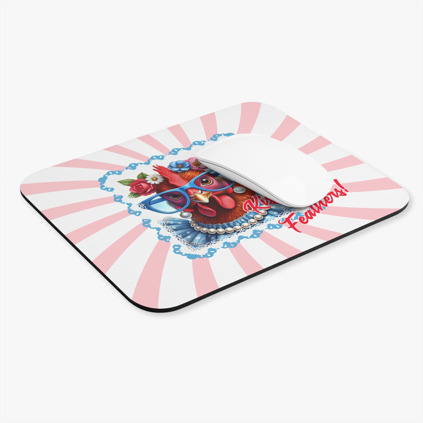 Mouse Pad: Kiss My Tail Feathers! Dressed Up Red Hen Swirl Design