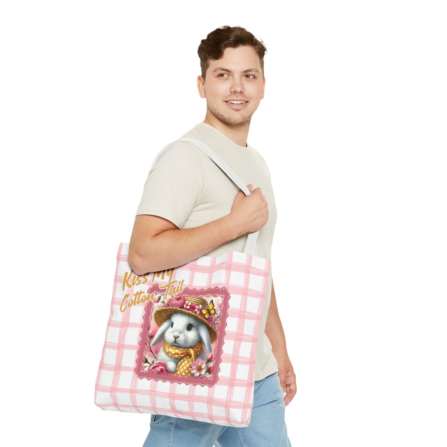 Tote Bag - Kiss My Cotton Tail! Bunny Pink Grid Design