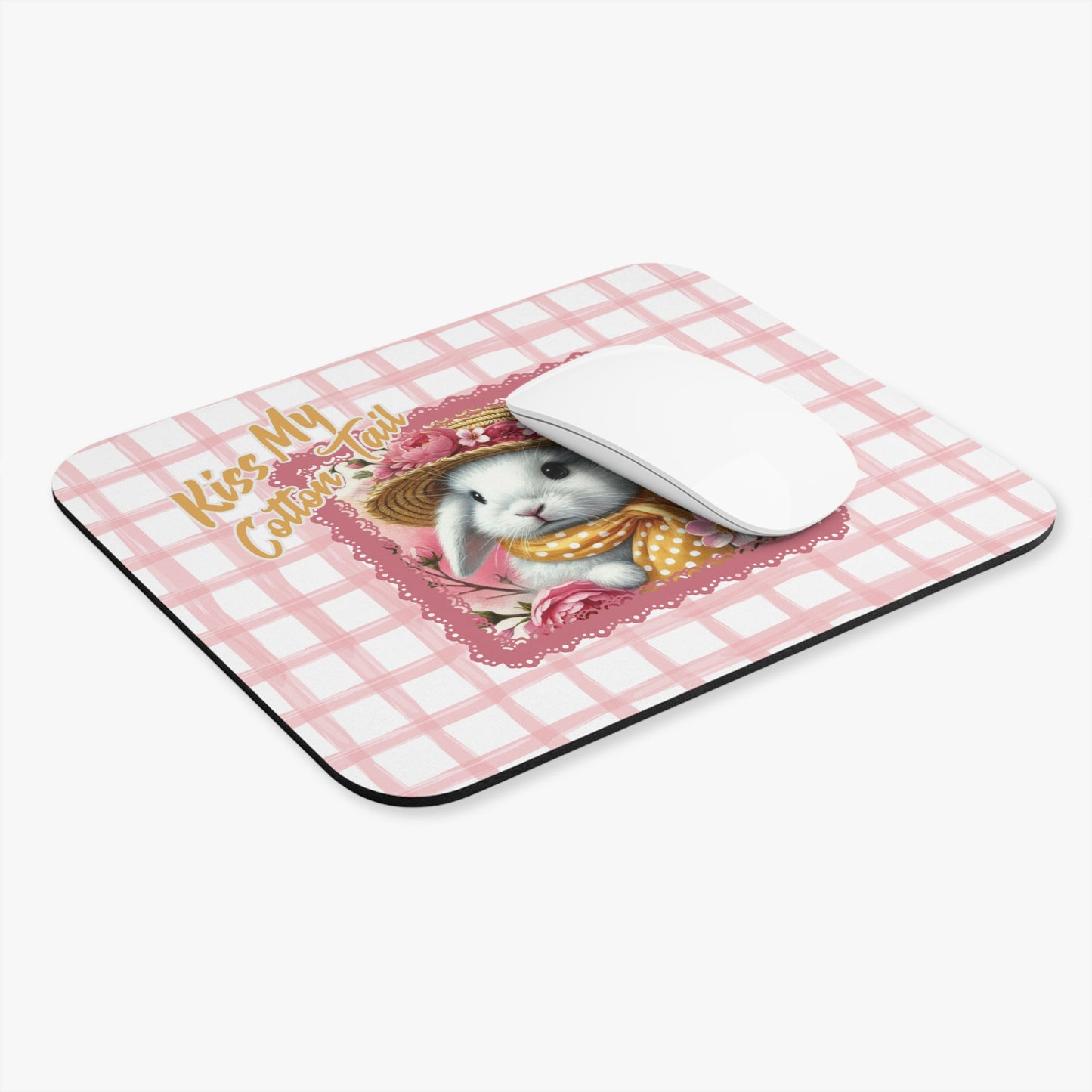 Mouse Pad - Kiss My Cotton Tail! Bunny Pink Grid Design
