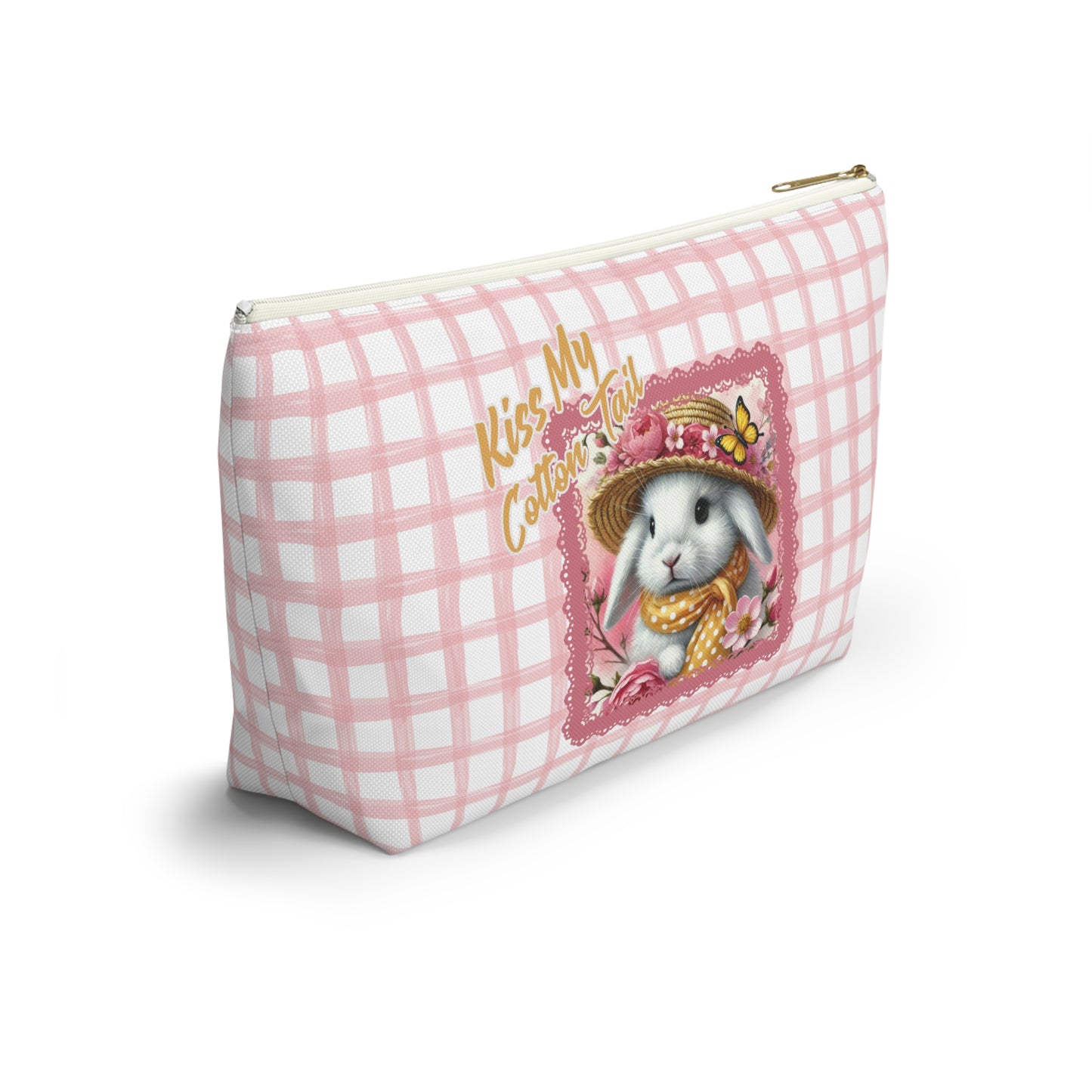 Accessory Pouch w T-bottom - Kiss My Cotton Tail! Bunny Pink Grid Pouch Design