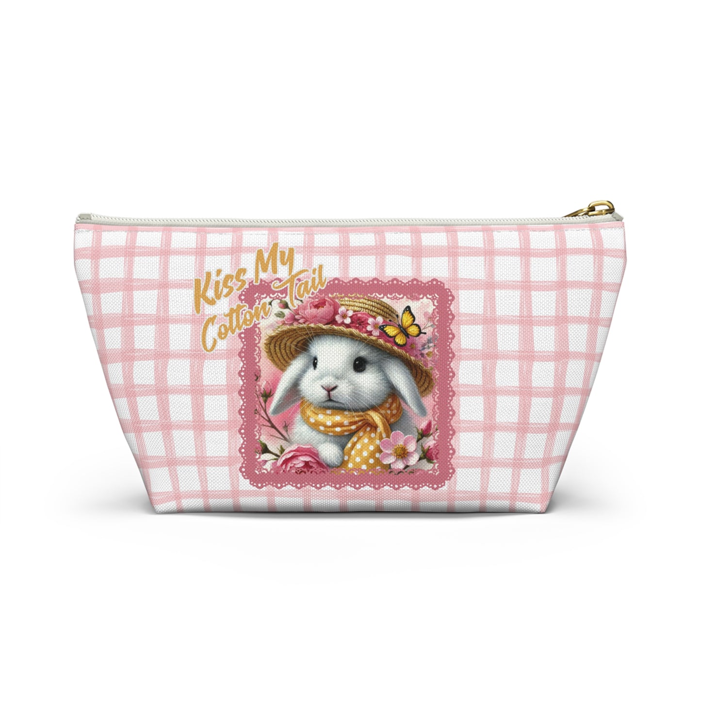 Accessory Pouch w T-bottom - Kiss My Cotton Tail! Bunny Pink Grid Pouch Design