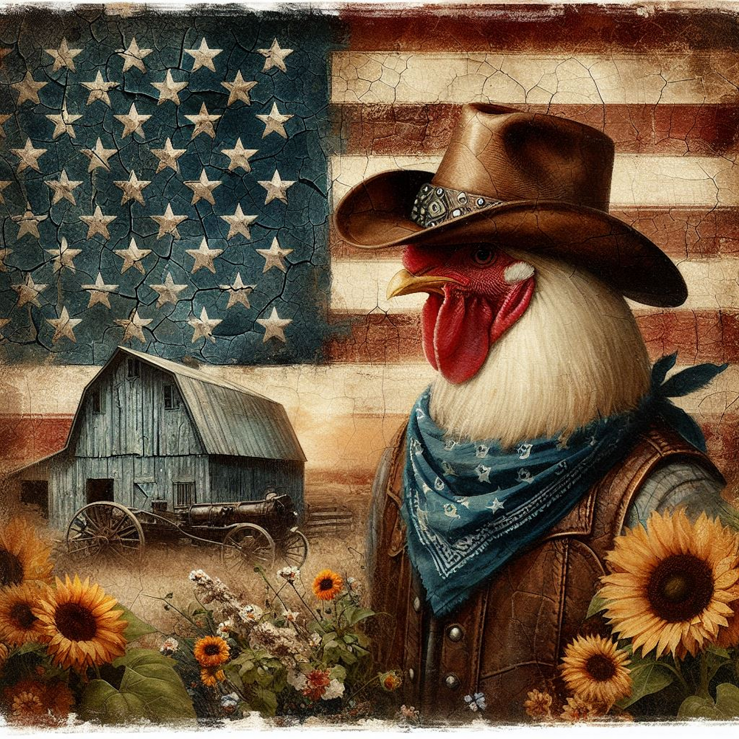 American Cowboy Rooster with Blue Barn Set