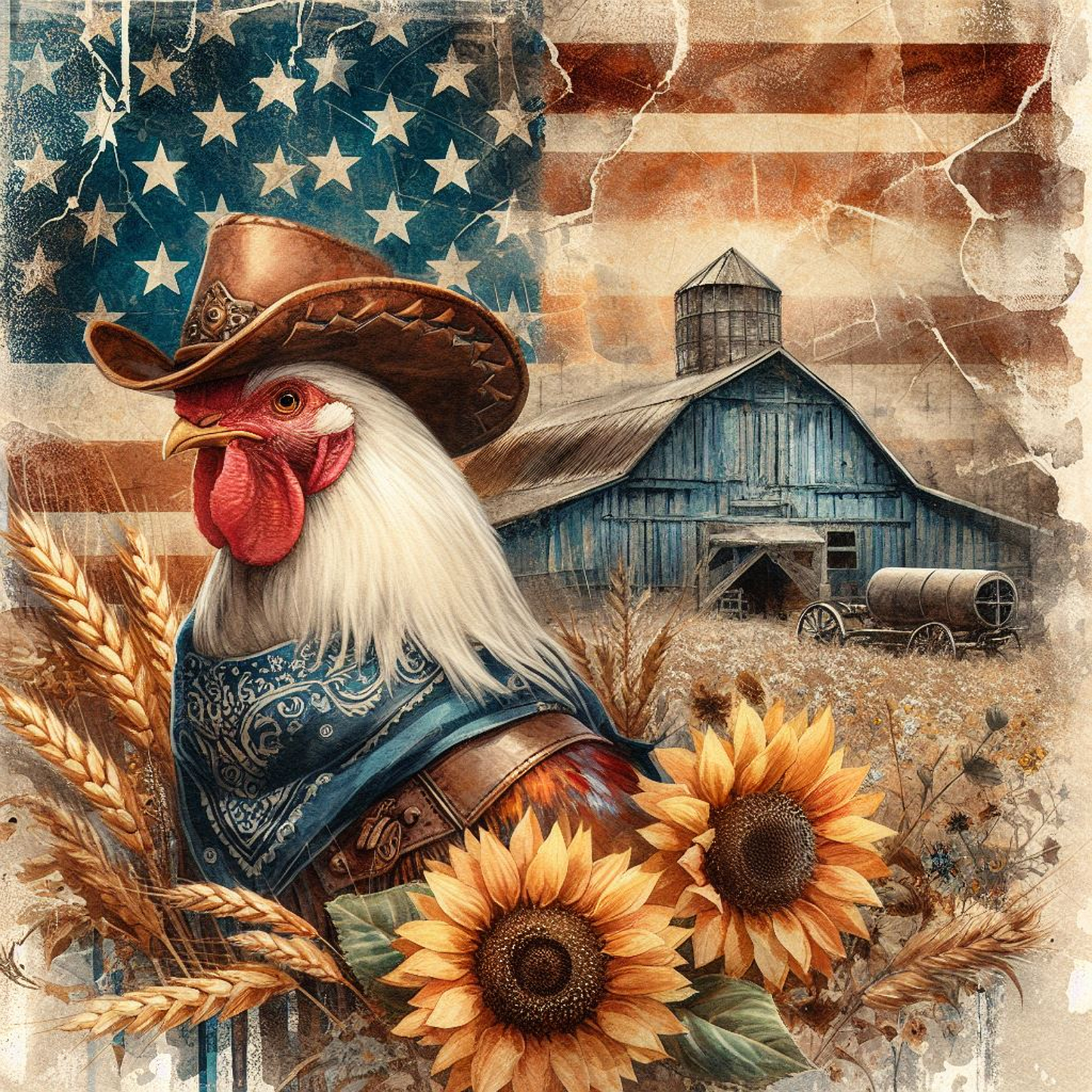 American Cowboy Rooster with Blue Barn Set