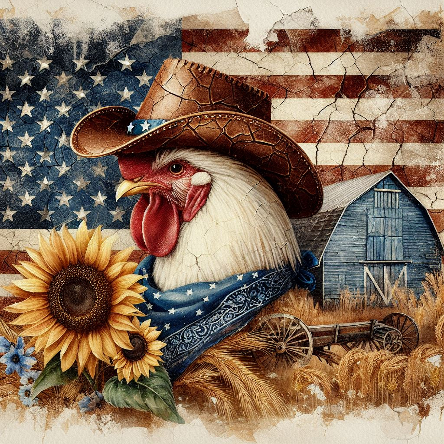 American Cowboy Rooster with Blue Barn Set