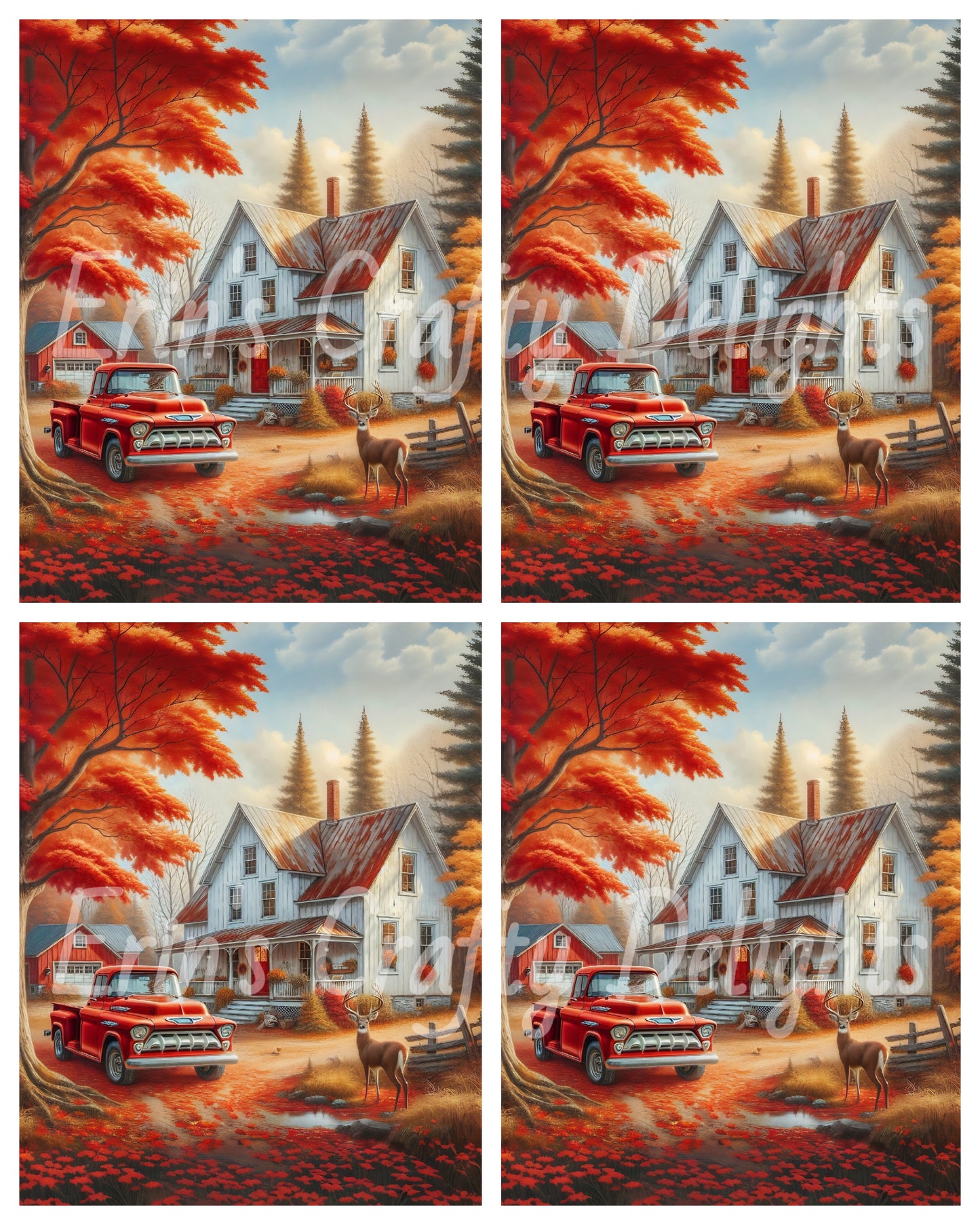 2 Autumn Red Truck and Farmhouse