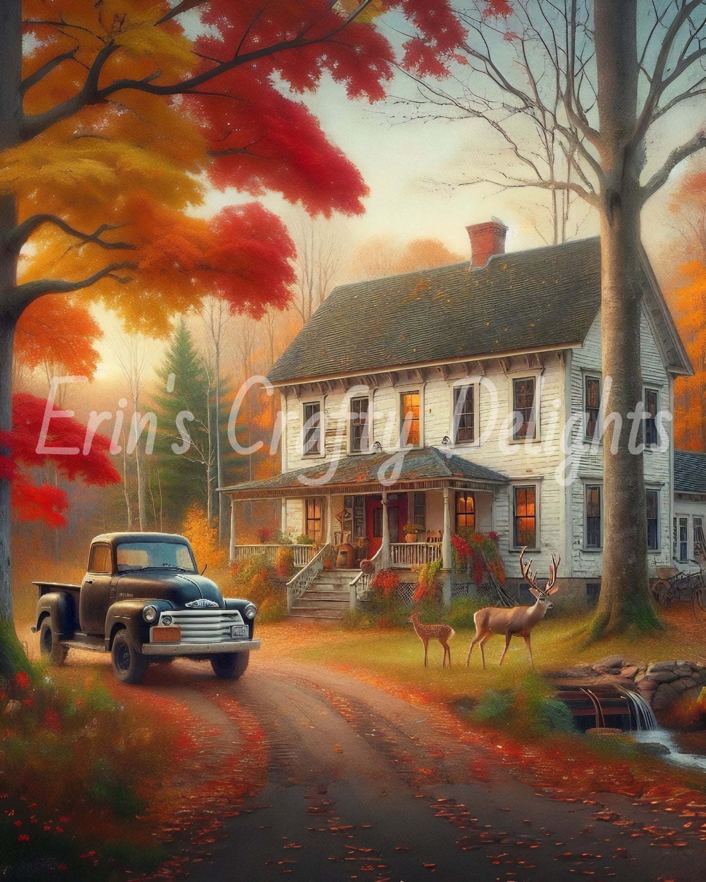 2 Autumn Black Truck and Farmhouse