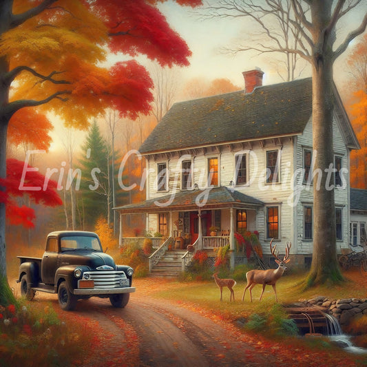 2 Autumn Black Truck and Farmhouse