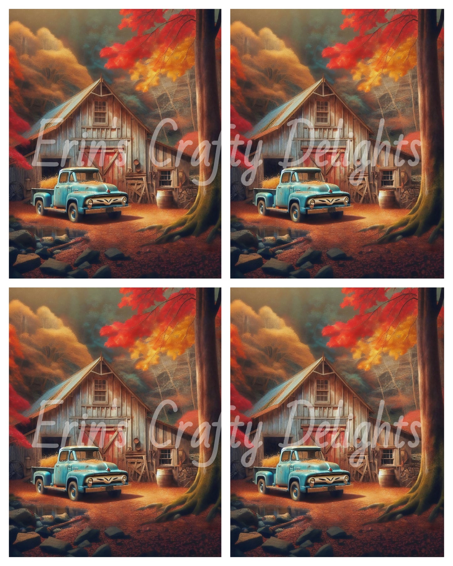 2 Autumn Blue Truck and Barn