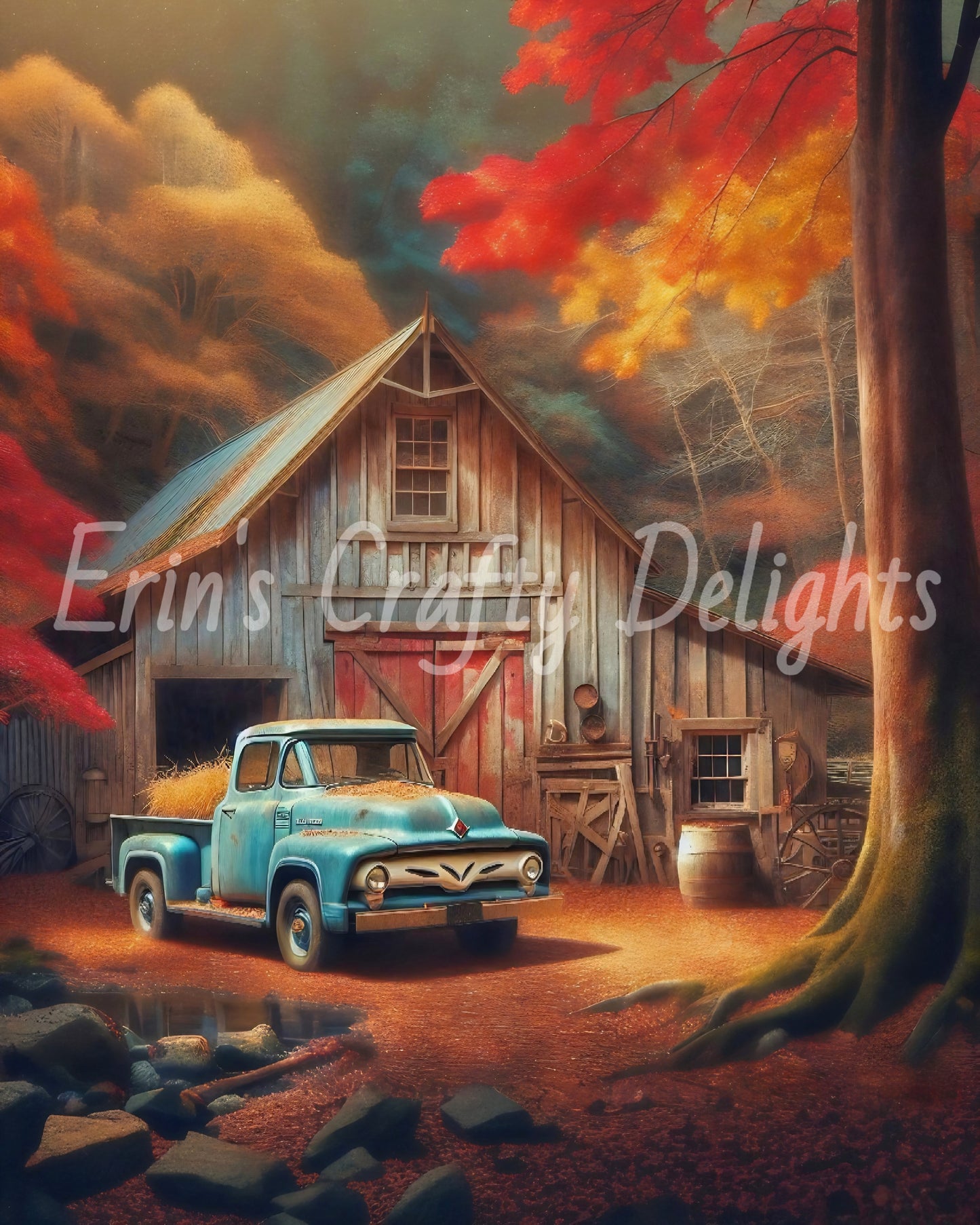 2 Autumn Blue Truck and Barn